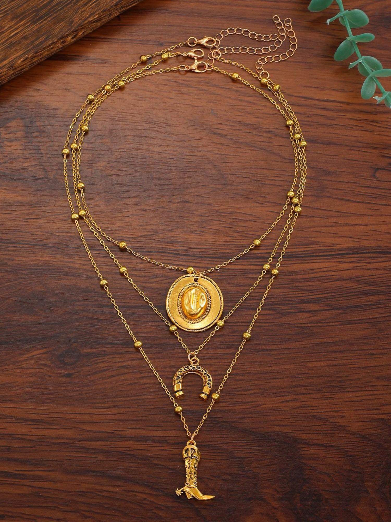 3-Layer Retro Alloy Western Cowboy Necklace Set, Stylish Layered Design, Perfect for Western, Durable Alloy Material