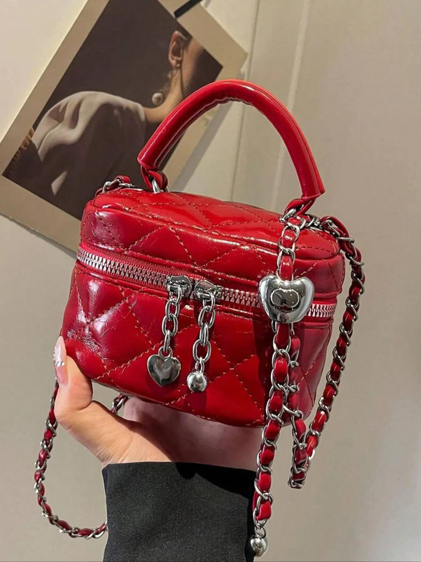 Women's Fashionable Solid Color Quilted Crossbody Bag, Elegant Mini Handbag with Heart Decor, Casual Trendy Versatile High-quality Daily Commuting Bag, Handbag Shoulder Bag