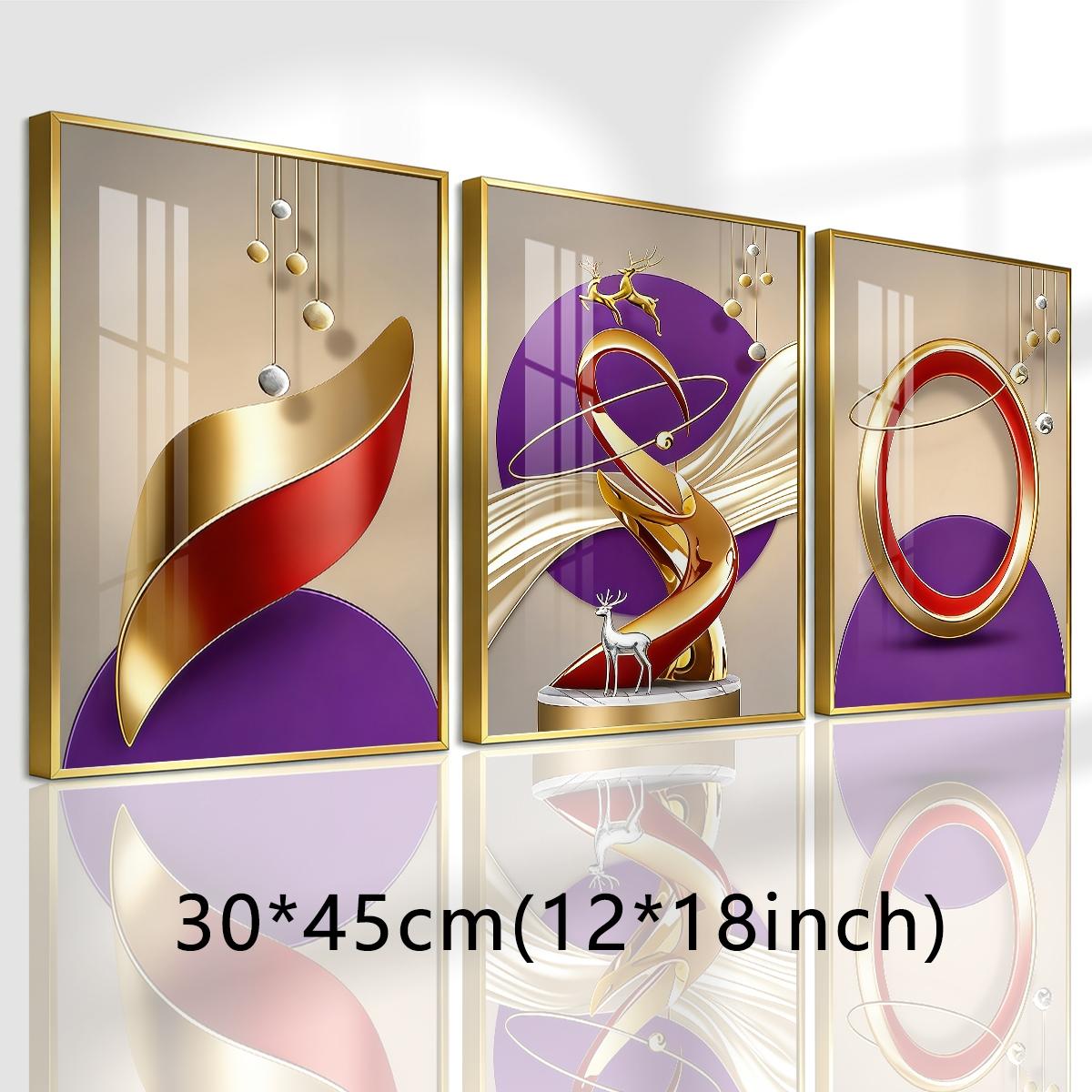 3 Counts Aluminum Alloy Framed Painting, Abstract Golden And Red Geometric Shapes With Deer Pictures, Home Decoration For Living Room, Bedroom, Office, Restaurant, Hallway Wall Decor, Odorless Print Artwork, Luxury Perfect Gift For Friends And Family