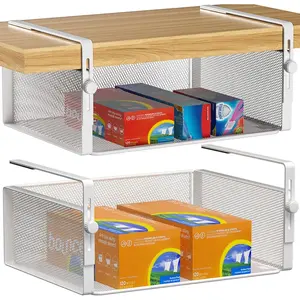 2Pack Under Shelf Basket Organizer,Adjustable Hanging Holder for Cabinet Pantry Kitchen Cupboard Desk Counter Bookshelf Organization Add-on Space Saver Heavy Duty Slide-in (White, Large)
