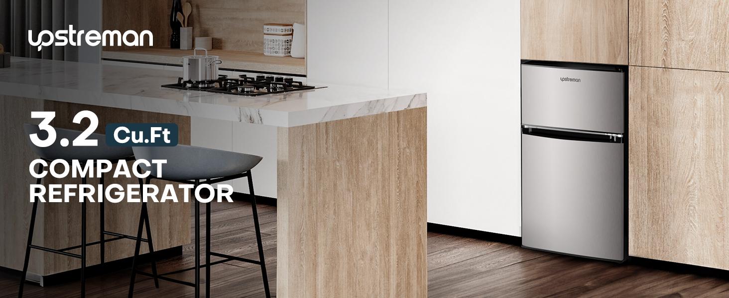 Upstreman mini fridges 3.2 Cu.Ft with Freezer Double Door Adjustable Thermostat Stainless-SD321/BD321 Quiet Efficient LED Light Removable Shelves Crisper Drawer for Dorm Office Bedroom