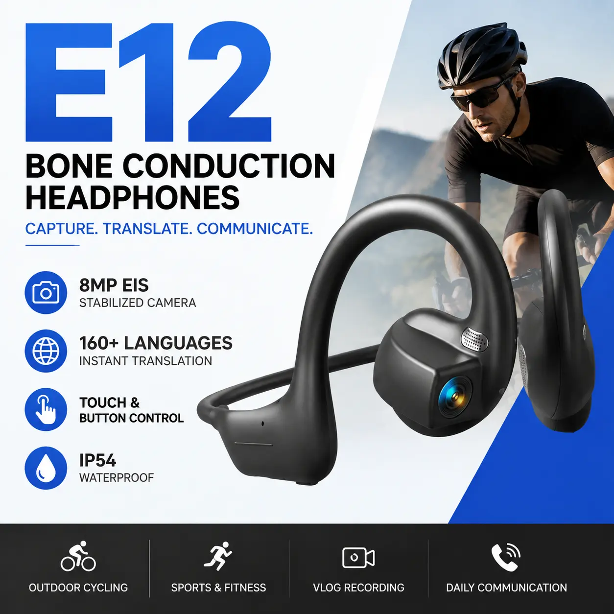Wireless Bone Conduction Headphones with Camera, 8MP EIS Anti-Shake Recording, AI Language Translation, IP54 Water Proof, Bluetooth Smart Wearable Device with Buttons for Cycling, Running