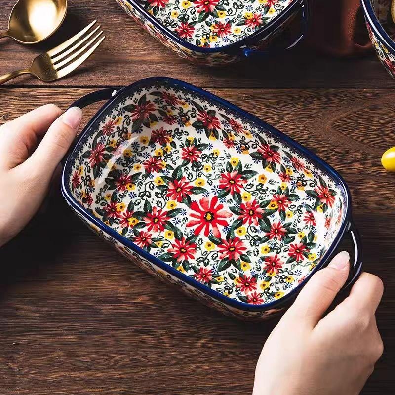 Floral Ceramic Baking Dish, Rectangular Casserole Dish, Bakeware, 730ML Rectangular Serving Bowl with Handle, Ideal for Rice, Salad & Cheese, Elegant Kitchen Accessory
