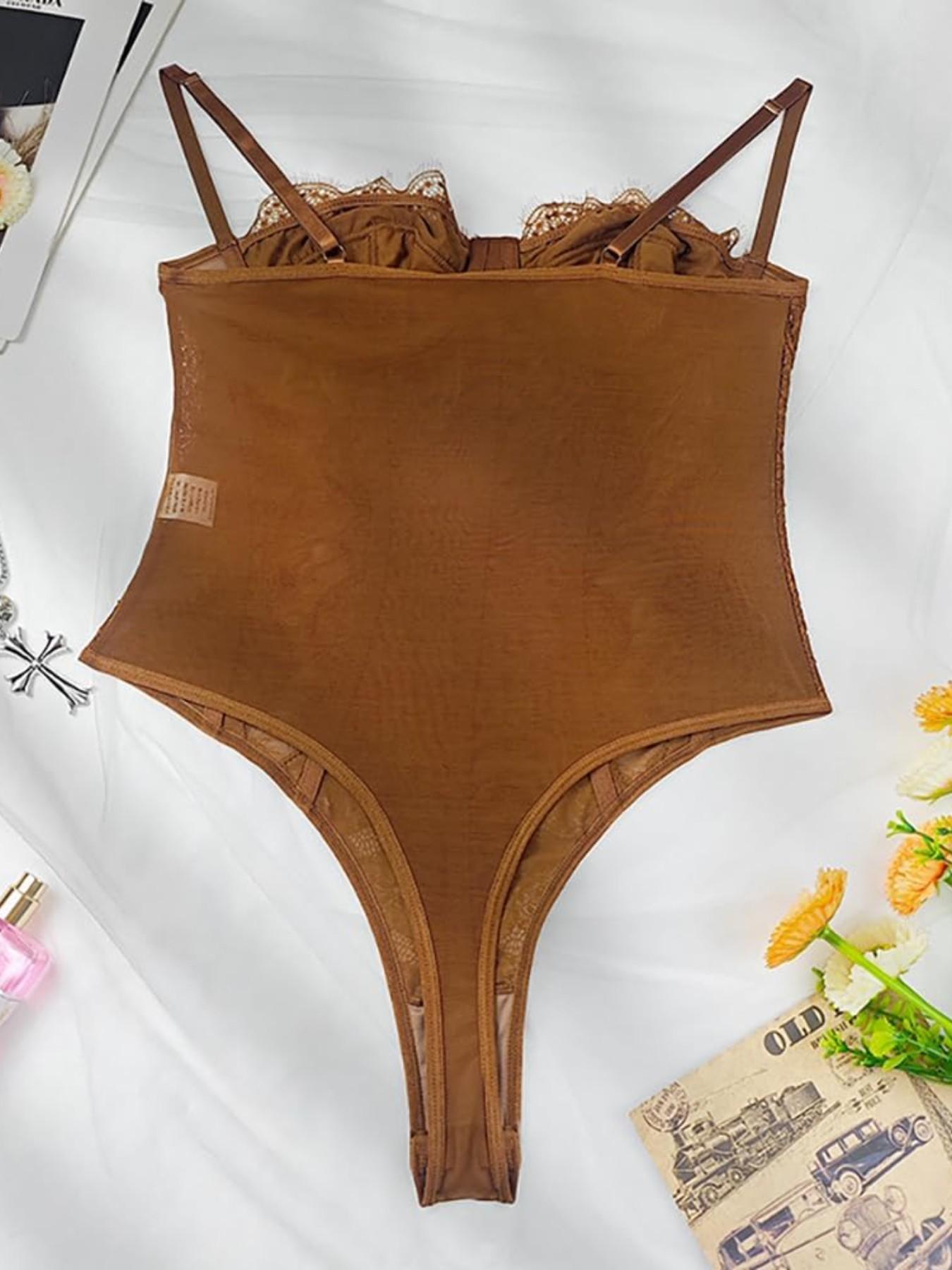 WindShape 1pcs Solid Color Lace Patchwork Bodysuit with Steel Ring Transparent Inner Tank Top Hollow Out Design Y2K Fishbone Style