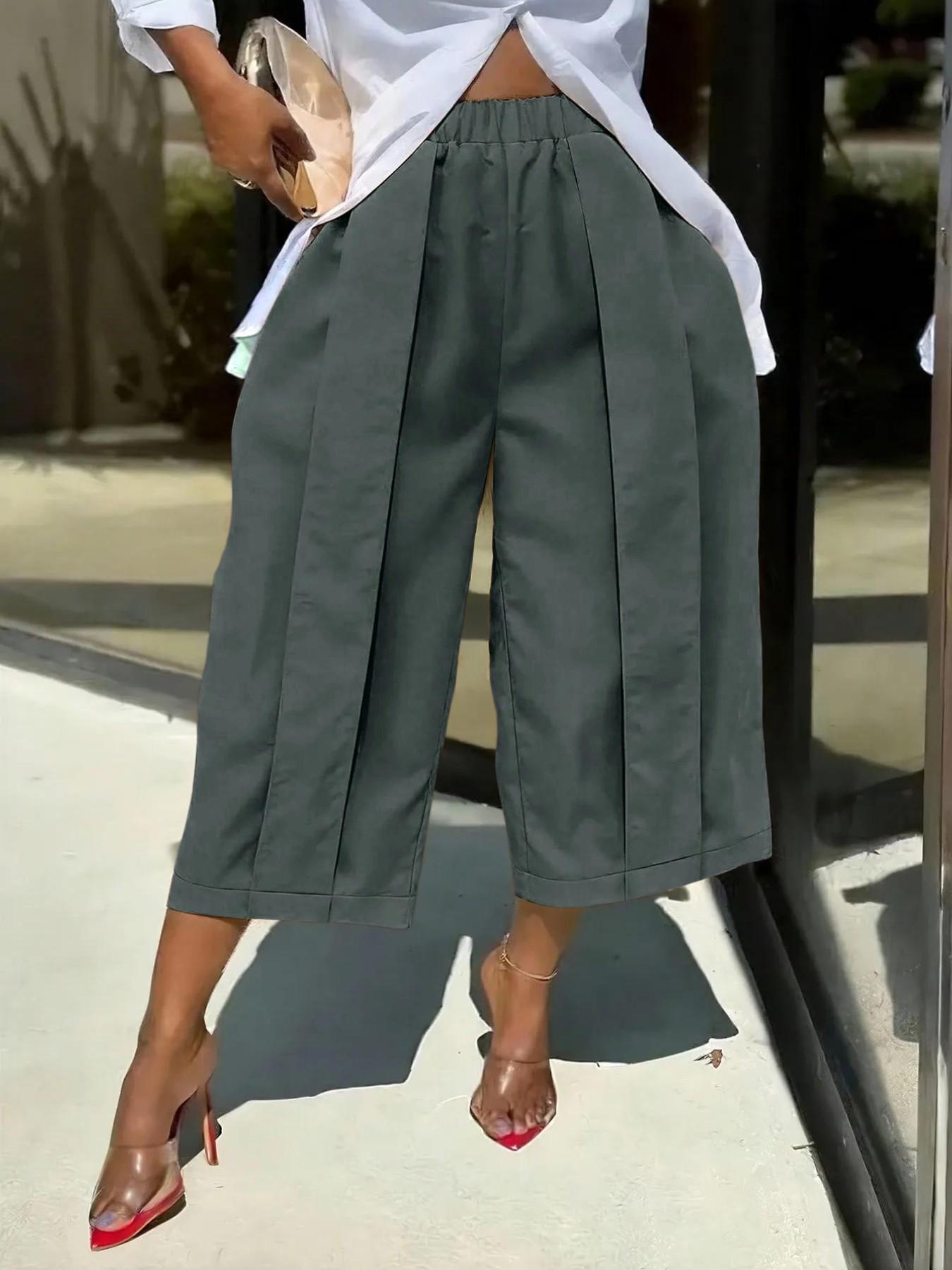 Women's Wide Leg Seven-Quarter Pants Bottom, Summer New Arrival, Elastic Waist, Pleated Slim Fit, Casual Camouflage Workwear