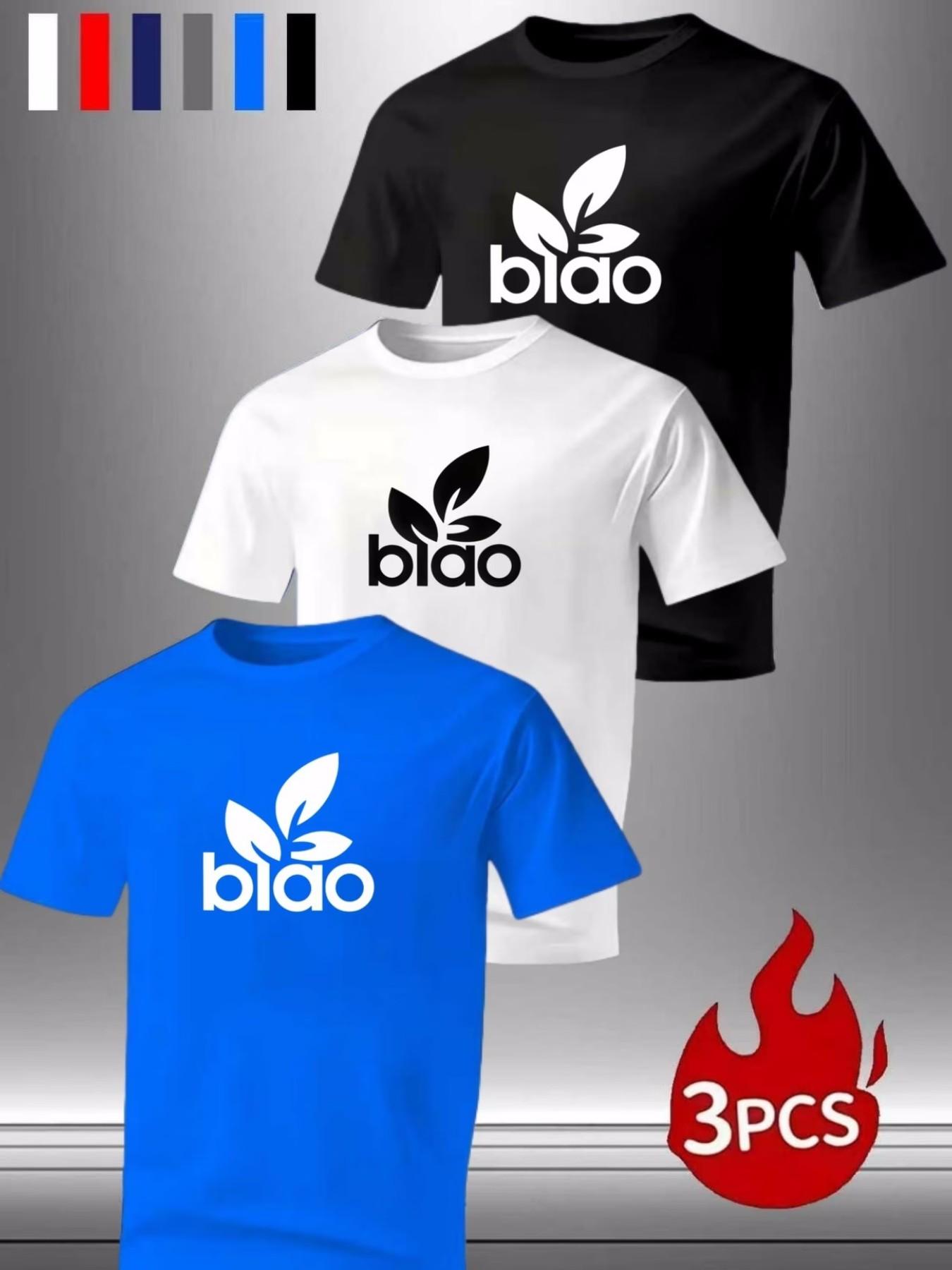 3-Pack Men's "biao" Leaf Logo Crewneck T-Shirts, Casual Short Sleeve Tops for Everyday & Streetwear