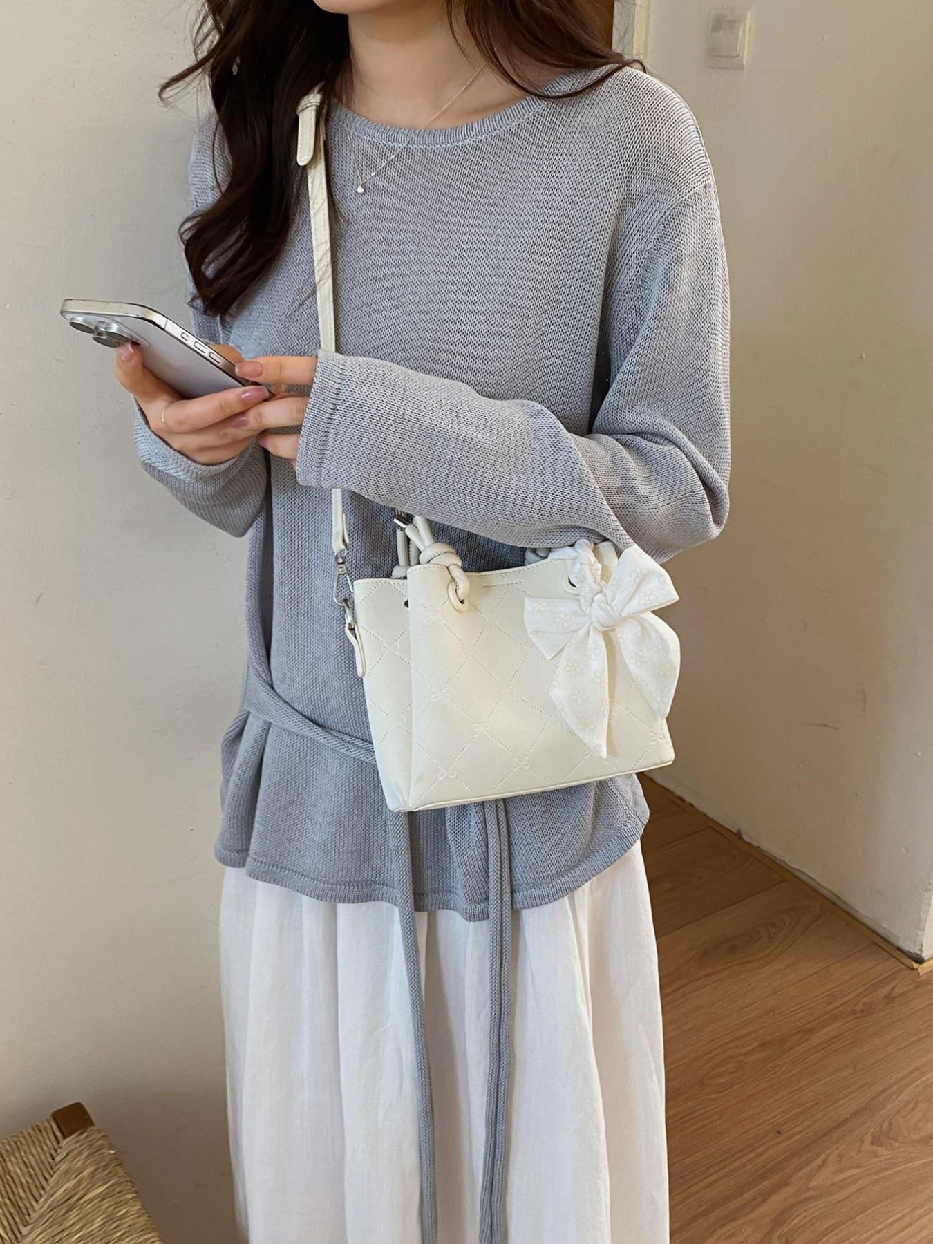 1Powder pink coach bag，Quilted Bucket Bag with Floral Bow Scarf | Dual-Tone Handle Crossbody Tote for Women | Ideal for Daily & Special Occasions