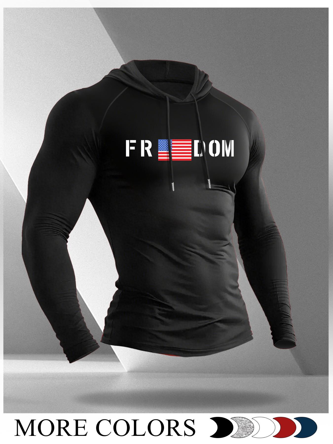 Men's Cartoon Print Long Sleeve Hooded T-Shirt, Casual Fitted Moderate Fabric Gym Athletic Clothes Gym Workout Top for Fall