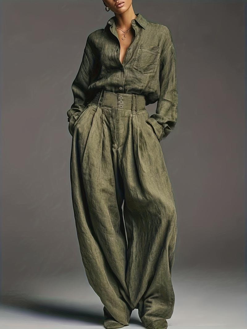 Spring & Fall Women's Fashion Two-Piece Set, Solid Color Shirt and Long Pants, Casual Style, Perfect for Daily Wear