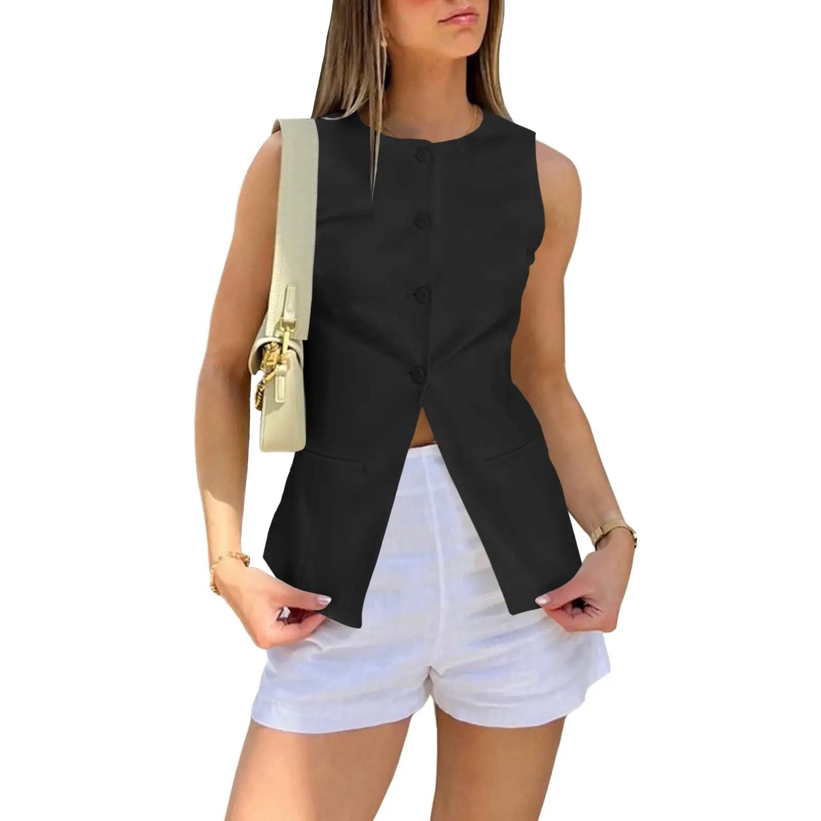 Cicy Bell Women's Round Neck Waistcoat Vest Summer Button up Vest Tops Casual Business Fitted Sleeveless Blazer