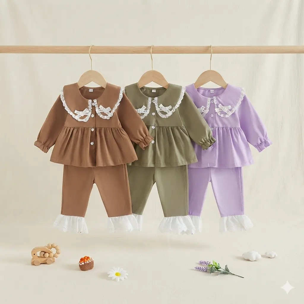 Toddler Girls Fall Pants Set Outfits Adorable Doll Collar Button Shirt & Elastic Flare Pants