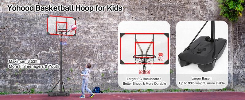 Kids Basketball Hoop Outdoor 4.82-8.53ft Adjustable, Portable Basketball Hoops & Goals for Kids/Teenagers/Youth in Backyard/Driveway/Indoor, with Enlarged Base and PC Backboard