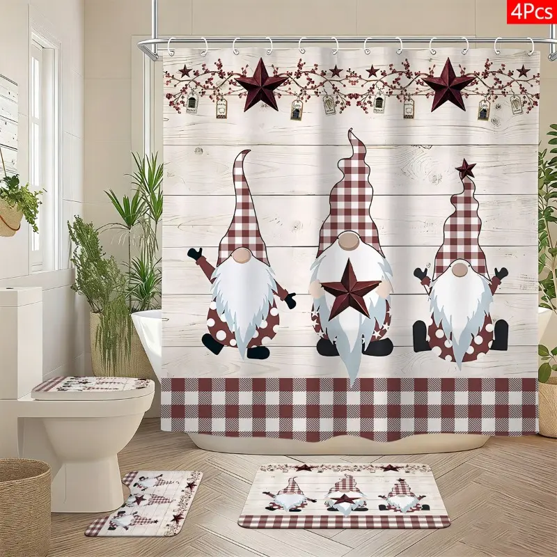 Rustic Gnome Star Prints Polyester Shower Curtain Set with 4pcs Mat Set, 12 Hooks, Waterproof Hanging Bag - American Country Style Warm Bathroom Decor, Ideal Gift