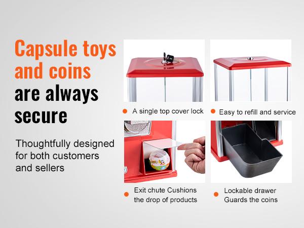 VEVOR Gumball Machine for Kids, 21 Height Home Vending Machine, PS Bouncy Balls Dispenser, Hold 180 Capsule Toys, Rectangle Bubble Gum Machine for Game Stores, Coin Operated Gumball Bank, Red
