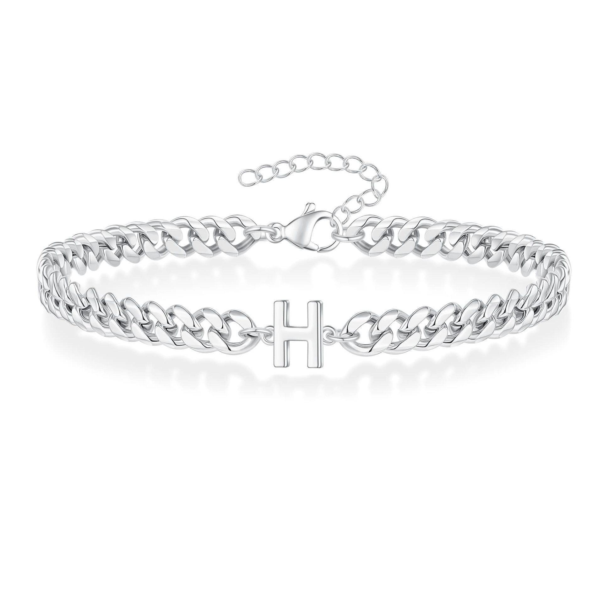 Men's Cuban Link Bracelet with Custom Initial Charm, Stainless Steel Non‑Tarnish Hypoallergenic Stackable Couple‑Themed Matching Jewelry for Daily Wear