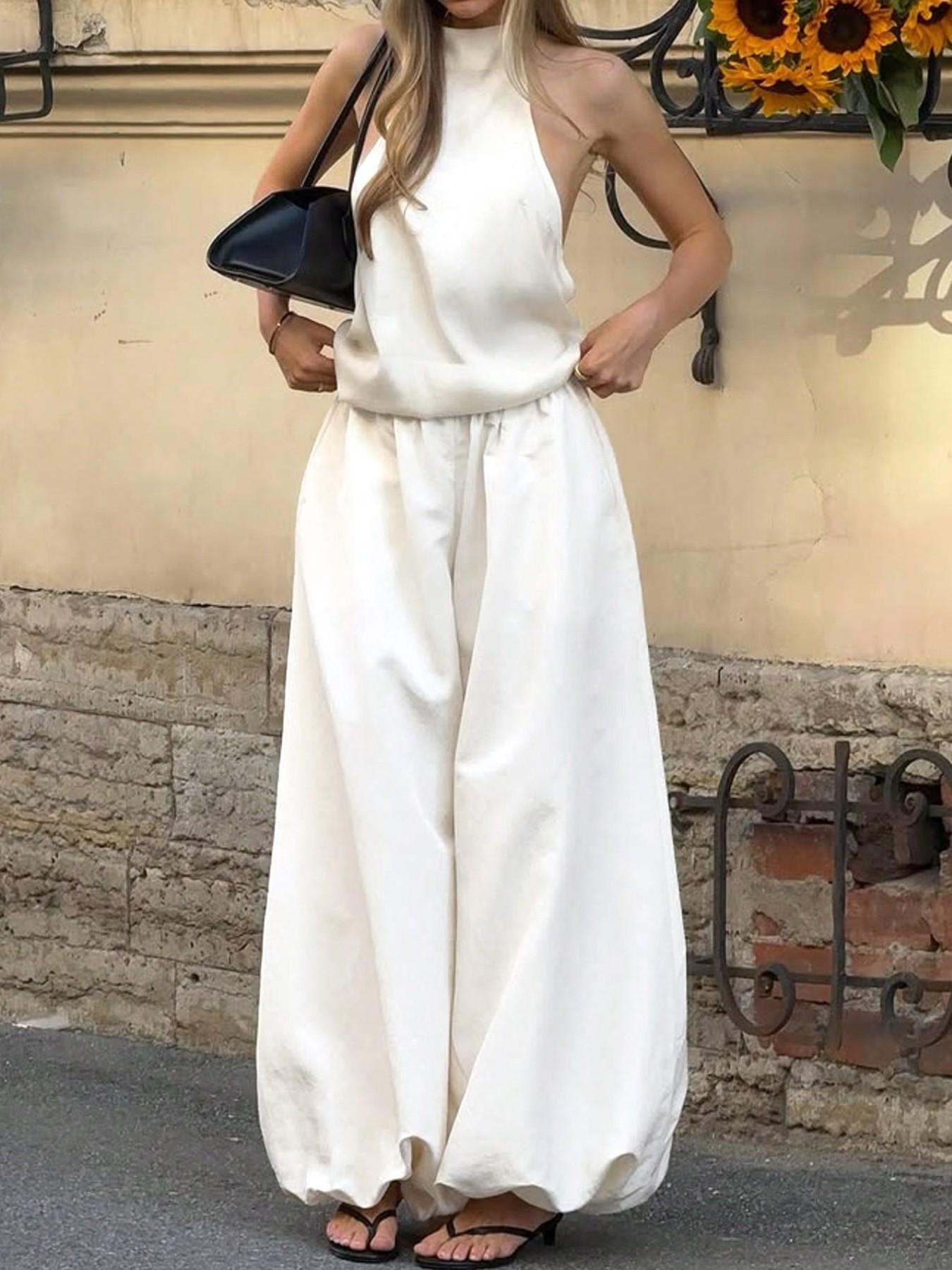 White Elastic High Waist Wide Leg Pants Women Loose Fit Bubble Hem Trousers Casual Streetwear Summer Going Out Bottom Elegant Chic Flowy Balloon Pants Fashion Casual Minimalist Pants Casual Fashion Bottoms Flowing Trousers