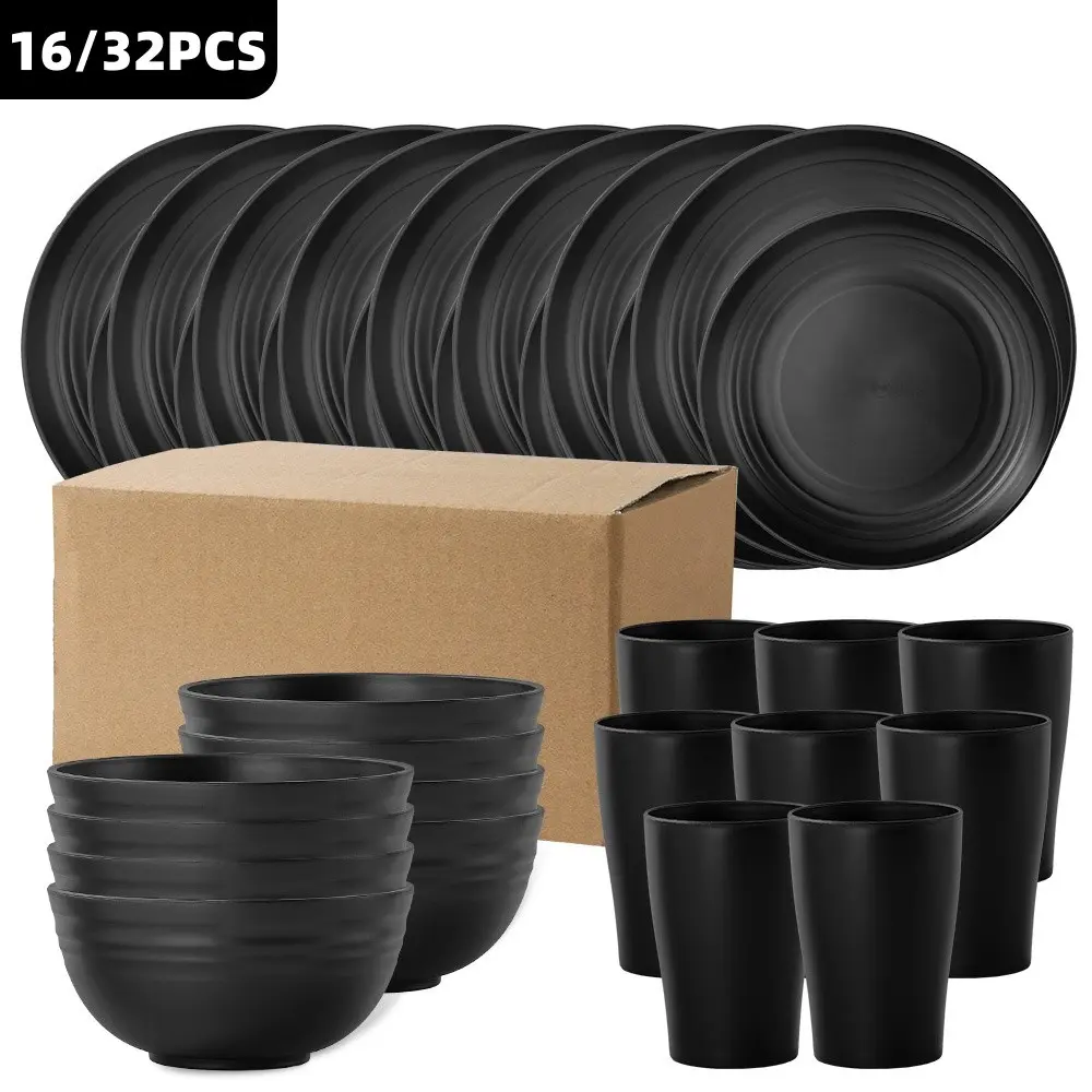 16/32 Piece Plastic Cutlery Set, Durable, Dishwasher Safe, Reusable, Lightweight, Includes Dinner Plate, Salad Bowl, Cup, Plates and Bowls Sets, Ideal for Camping & Picnics, Dishware Sets, Tableware Sets, Kitchen Tableware