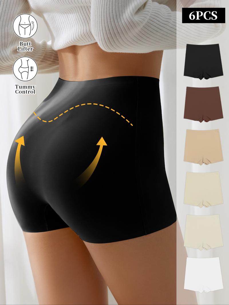 Women's Seamless Briefs Set, Abdominal Control Mid-Waist Underwear, Anti-Curling Safety Pants, Casual Fitted Plain Design, All Seasons