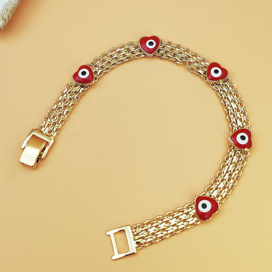 Women's Exquisite Trendy Boho Evil Eye Layered Bracelet - Gold-Tone Copper with Red Beads & Plastic Accents, Adjustable Size, Stainless Steel, Layered Look, Trendy Festival Gift, Bohemian Fashion Accessory Sets