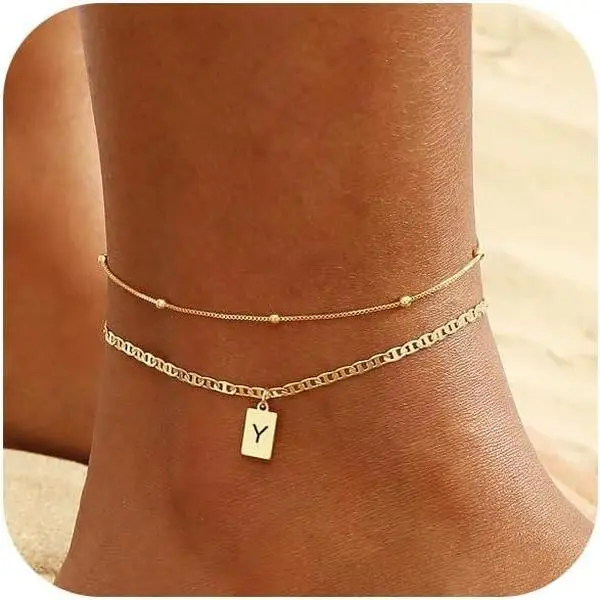Initial Ankle Bracelets for Women  Letter Anklets  Layered Bead Link Tag Initial Anklets