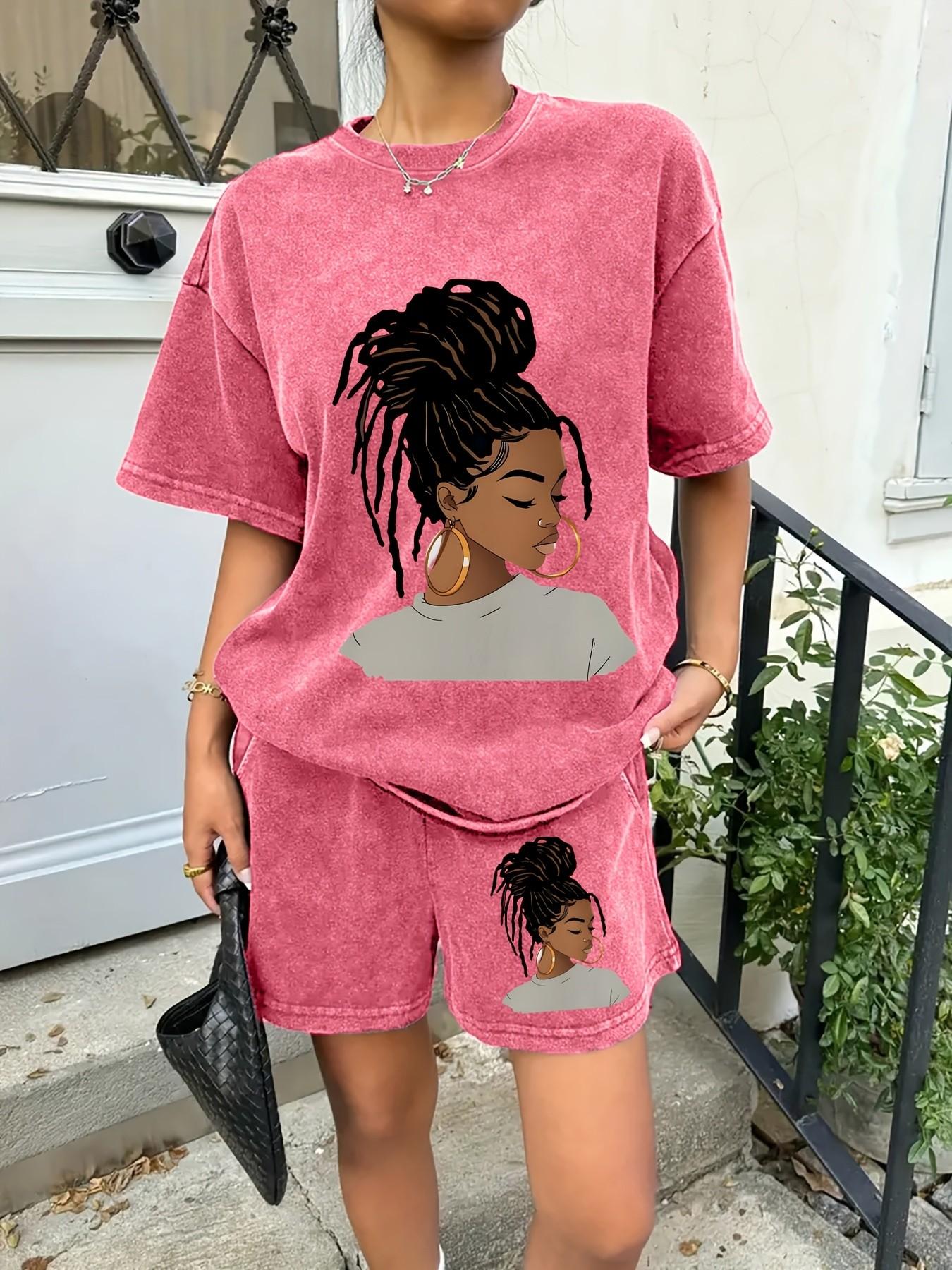 Matching set featuring a washed, distressed texture and a unique "Black girl" portrait print; durable and built for frequent daily wear. Loose, casual fit—perfect for effortless styling, whether lounging at home or heading out. Round neck Women