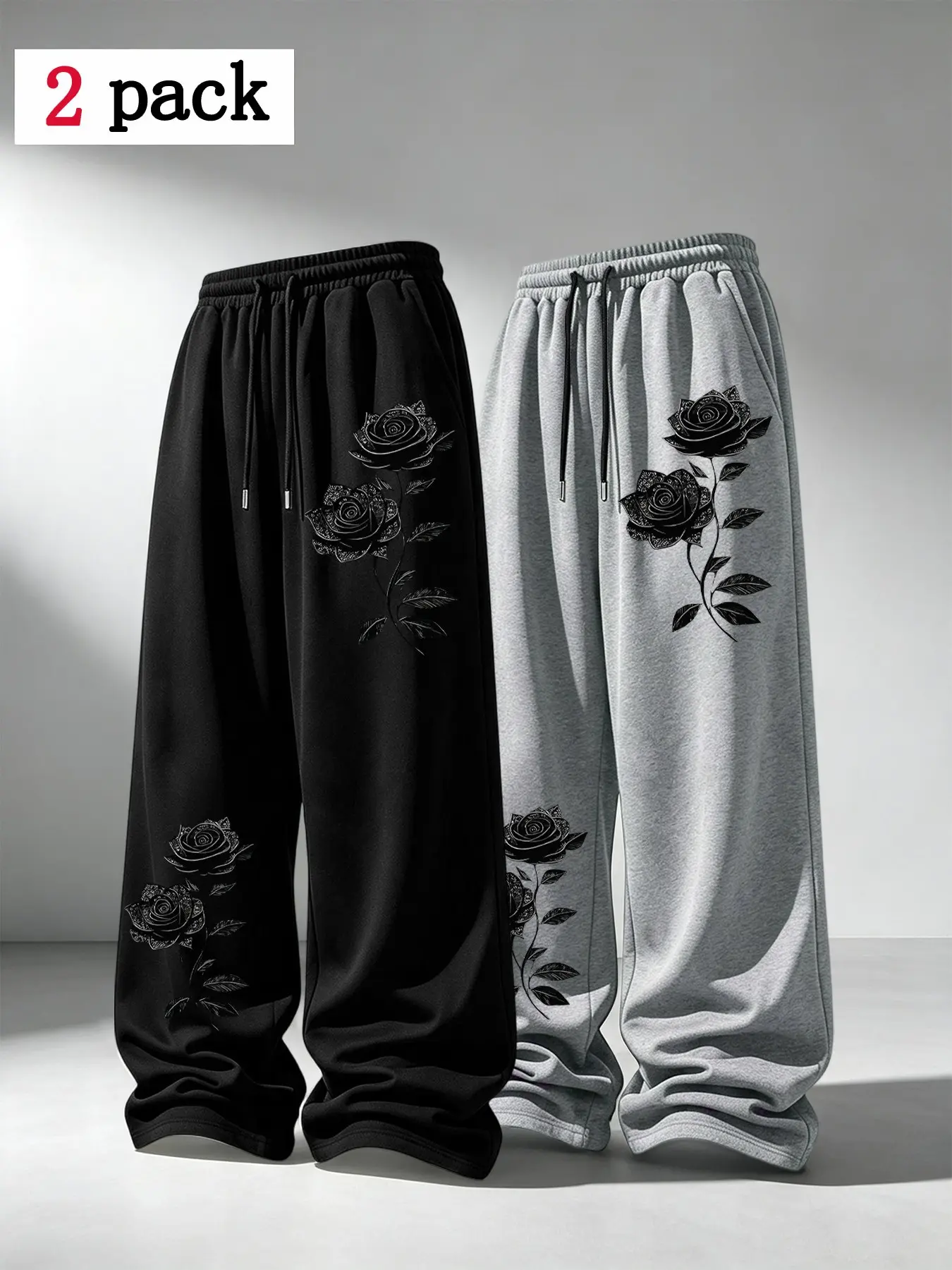 2-Pack Gothic Rose Print Wide Leg Sports Pants, Men's Y2K Loose Street Style Drawstring Casual Long Pants, Gothic Graphic Sweatpants, Versatile for Streetwear and Home