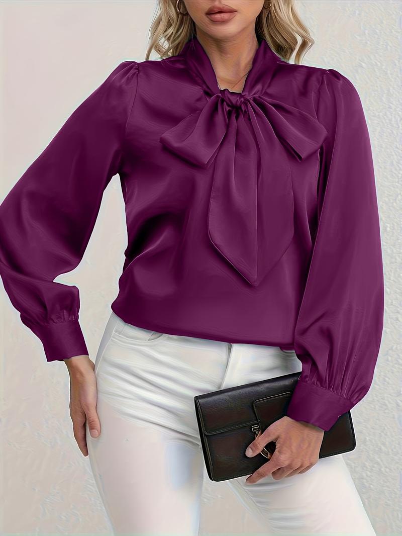 Elegant Satin Blouse with Bow Tie Neck, Fitted Casual Shirt for Work and Dates, Chic Spring & Fall Wardrobe Essential