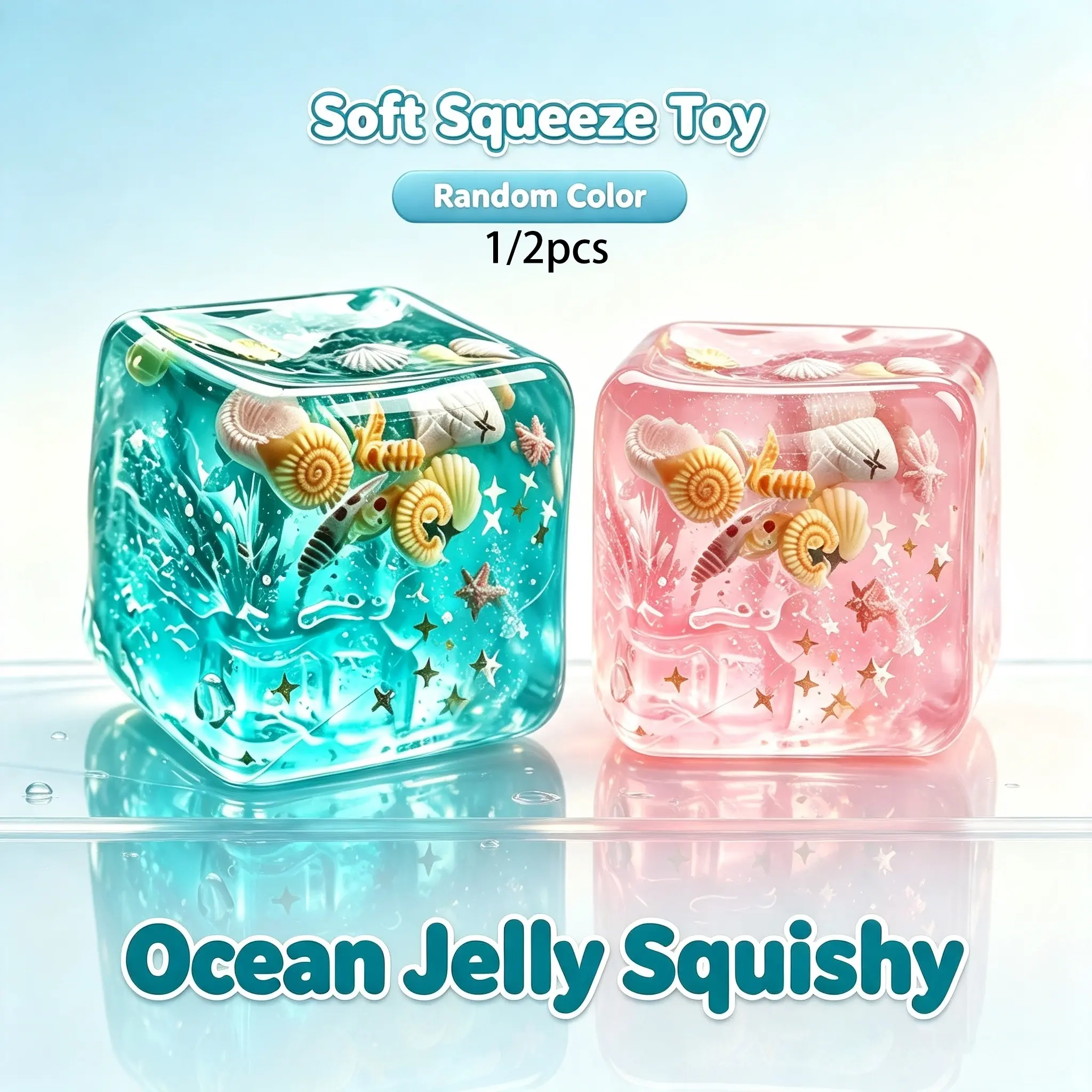 Transparent Ocean Jelly Cube Squishy Toy, Soft Squeeze Fidget Decompression Toy Filled with Seashell Decor, Anxiety Relief Sensory Toy for All Ages, Random Color