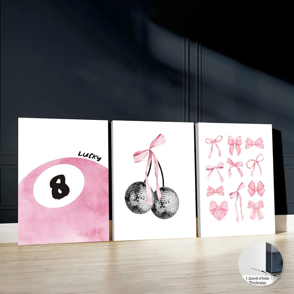 2D print, 3-piece framed modern decor, pink bow cherry print, minimalist canvas print, fashion poster, classic wall art, wall art, room aesthetics, home decor, ideal gift, suitable for living room, bedroom, bathroom, framed