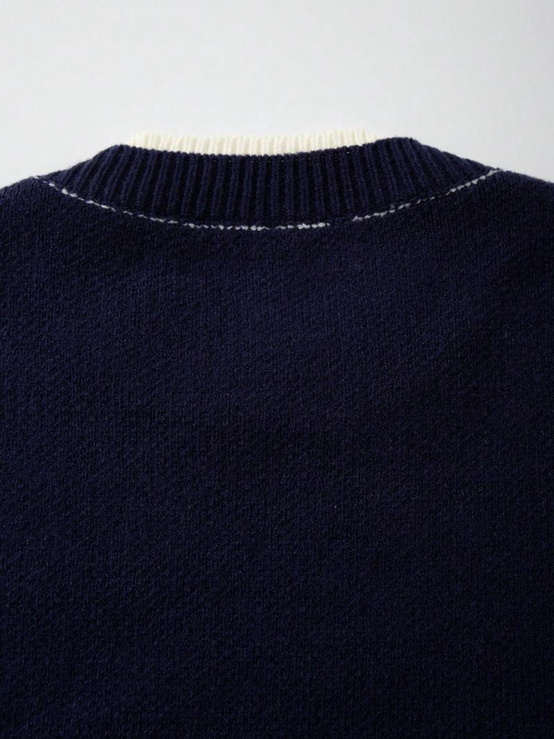 Men's Autumn Winter Casual Loose Fit Knit Sweater, Small Dinosaur Baseball Pattern, Vintage Street Style Long Sleeve Round Neck Top, Sweater Pullover