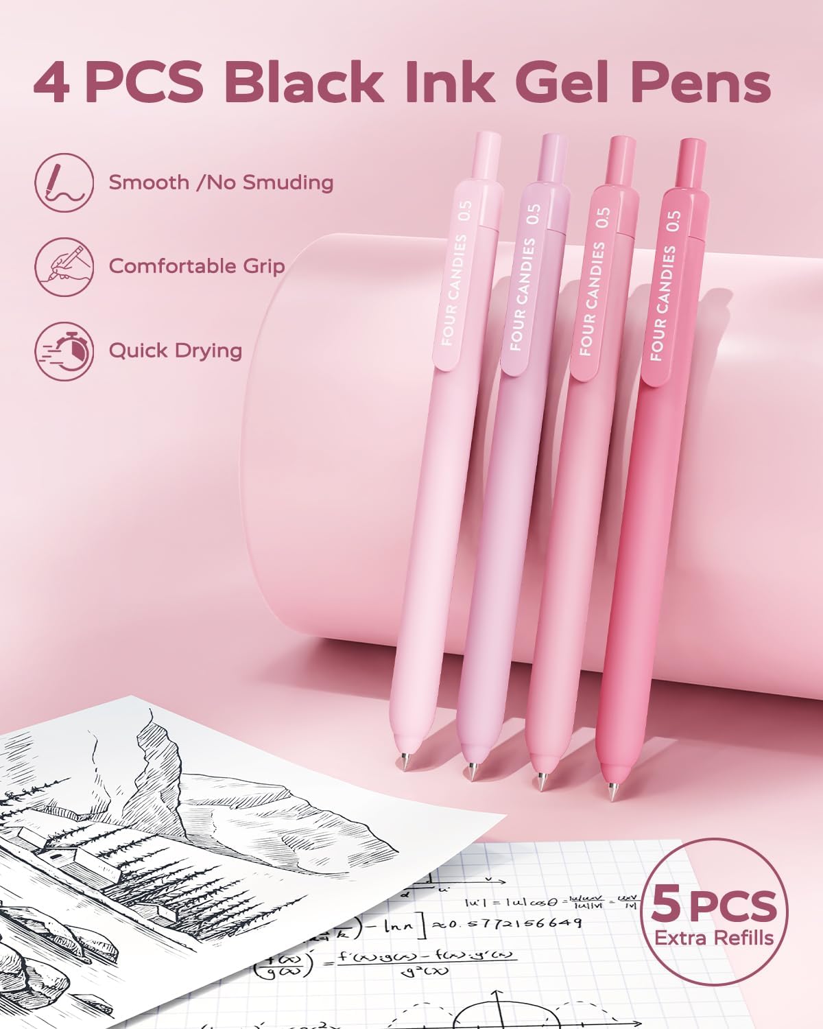 Four Candies Aesthetic School Supplies,Gel Pens with Black Ink,Correction Tapes,Pastel Highlighters, Mechanical Pencils, Sticky Notes, Index Post for Bible Study Supplies and Students Stationary art work, Colorful Marker Set Learning Materials Gift Ideal