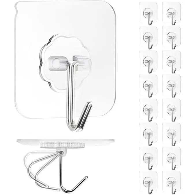 Adhesive Wall Hook, Set Heavy-Duty Thickened self-Adhesive Hook,16Pcs,33lb max Loading,Transparent, , Bathroom, Outdoor, Kitchen, Doors, Practical Tools.
