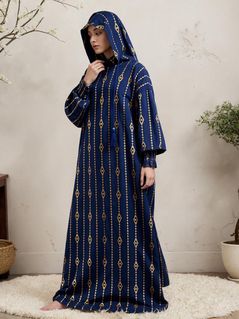 Islamic Abaya Kaftan Dress for Women 100% Cotton Soft Double Hat Cape Style Dubai Turkish Design Modest Outfit for Ramadan & Eid Loose Fit Modesty Muslim Clothing