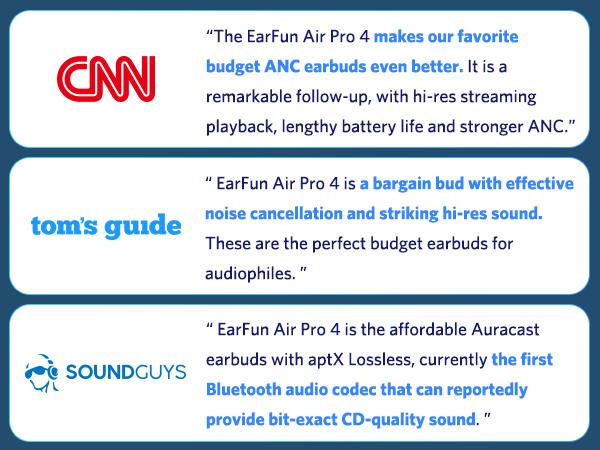 EarFun Air Pro 4 Adaptive Hybrid Noise Canceling Wireless Earbuds, Qualcomm Snapdragon Sound, aptX Lossless, 6 Mics AI CVC 8.0 Call, LDAC Hi-Res Audio, 52H Playtime, Bluetooth 5.4, White