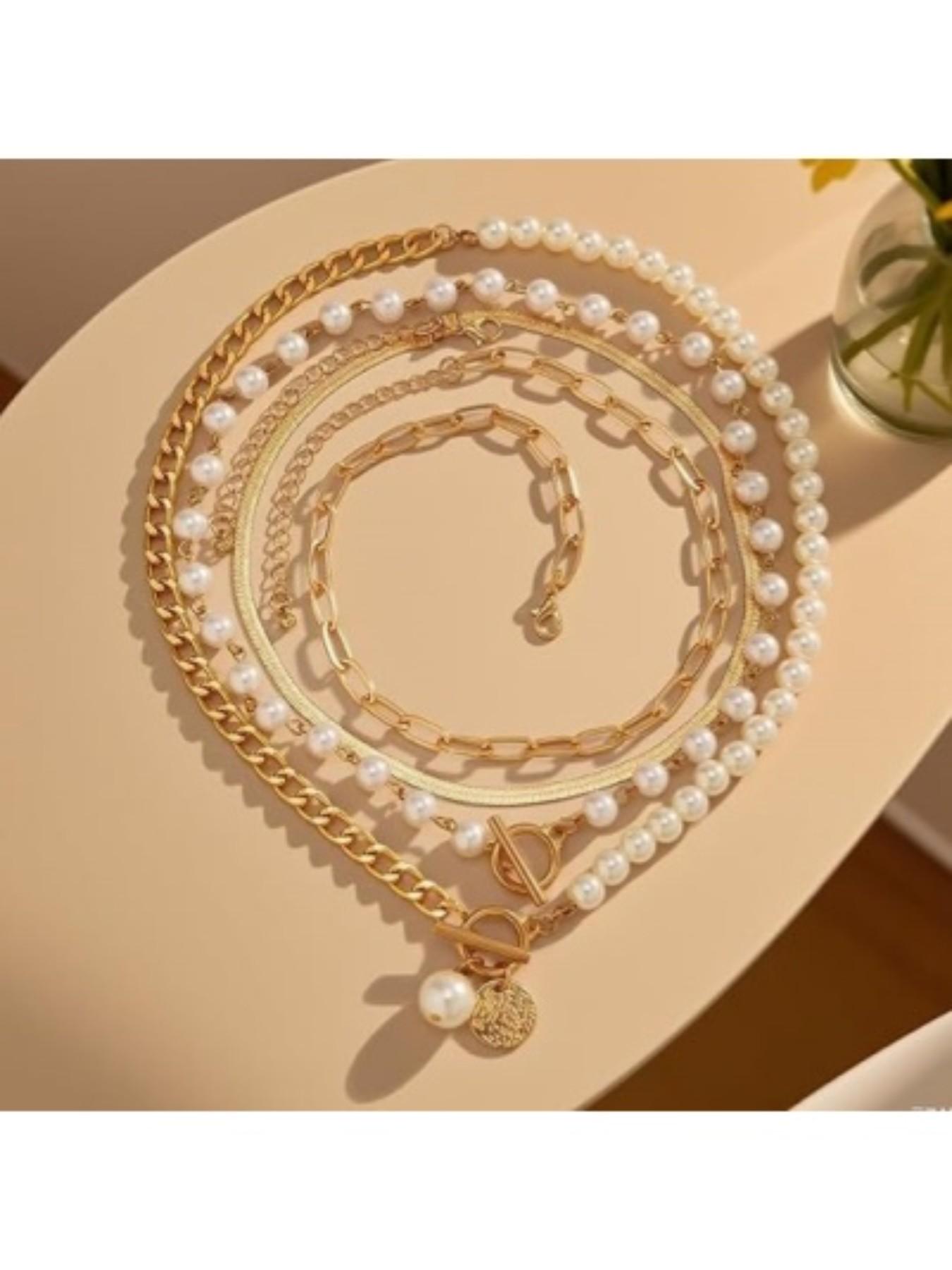 4-Piece Women's Fashion Adjustable Multi-Layer Pearl Stack Necklace Set, Charming Multi-Layer Chain Necklaces, Beach Jewelry