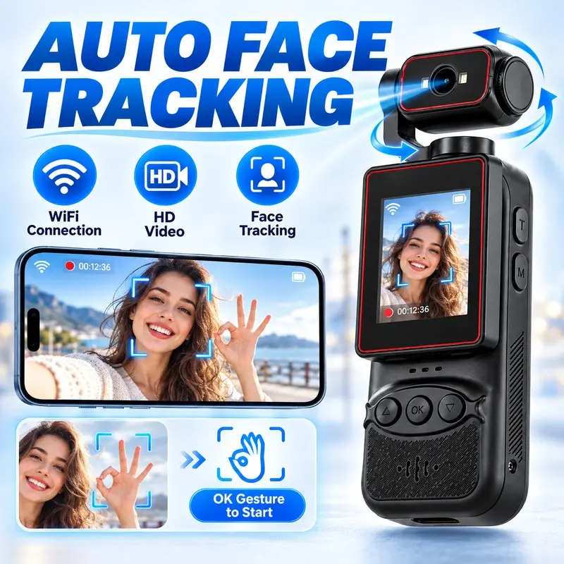 Vlogging Camera with Auto Face Tracking, 270 Horizontal and 355 Vertical Dual-Axis Rotation, 2.0-Inch Screen, WiFi Transfer, Card Reader Support and Hands-Free Recording for Cycling, Hiking, Travel and Video Creation, Outdoor Action Camera