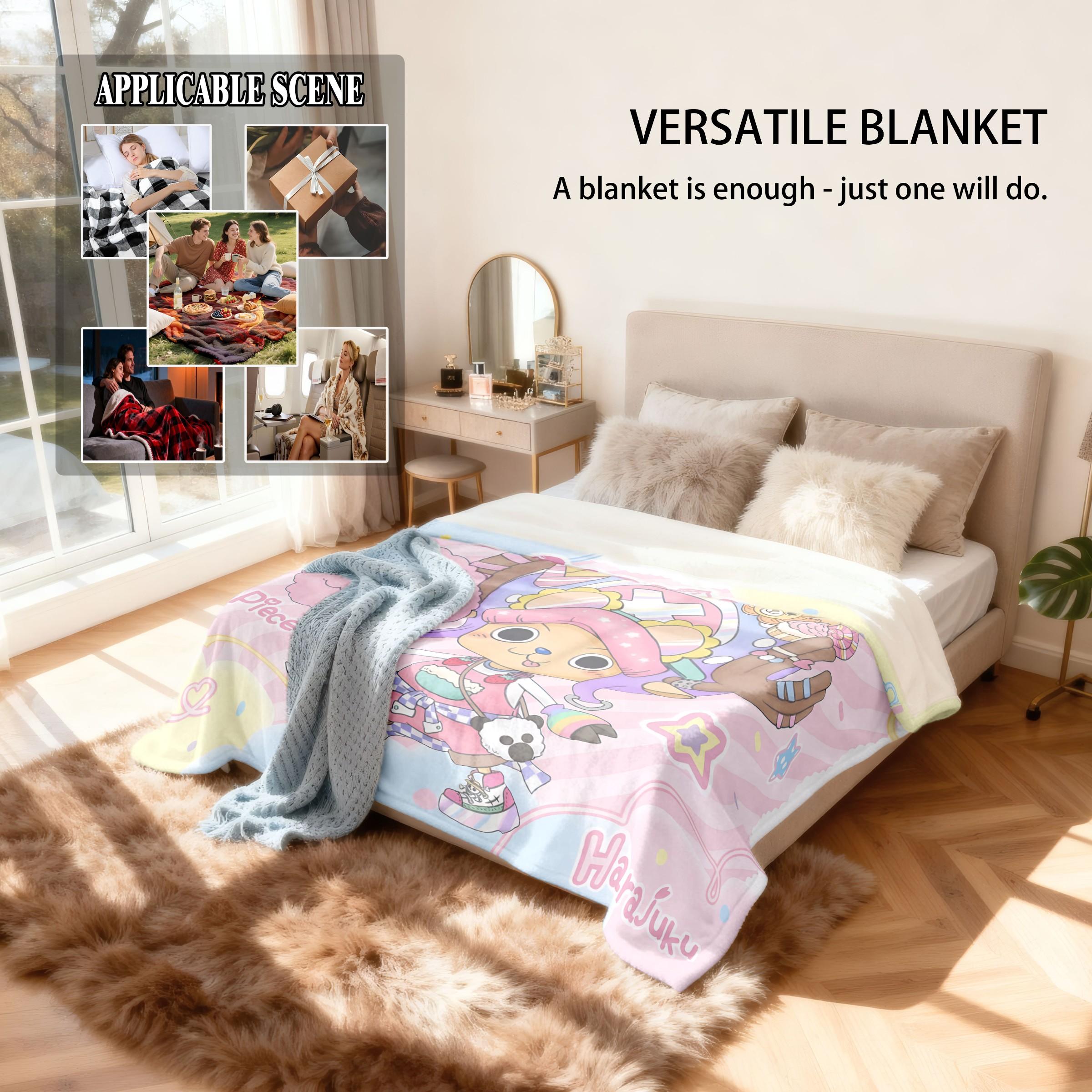 One Piece Chopper Harajuku Throw Blanket (Kawaii Street Fashion Design) - Tony Tony Chopper & Harajuku Motif Prints, Skin-Friendly & Machine Washable, High-Grade Plush & Double Warmth, Multi-Scene Use, Perfect Gift for One Piece Fans