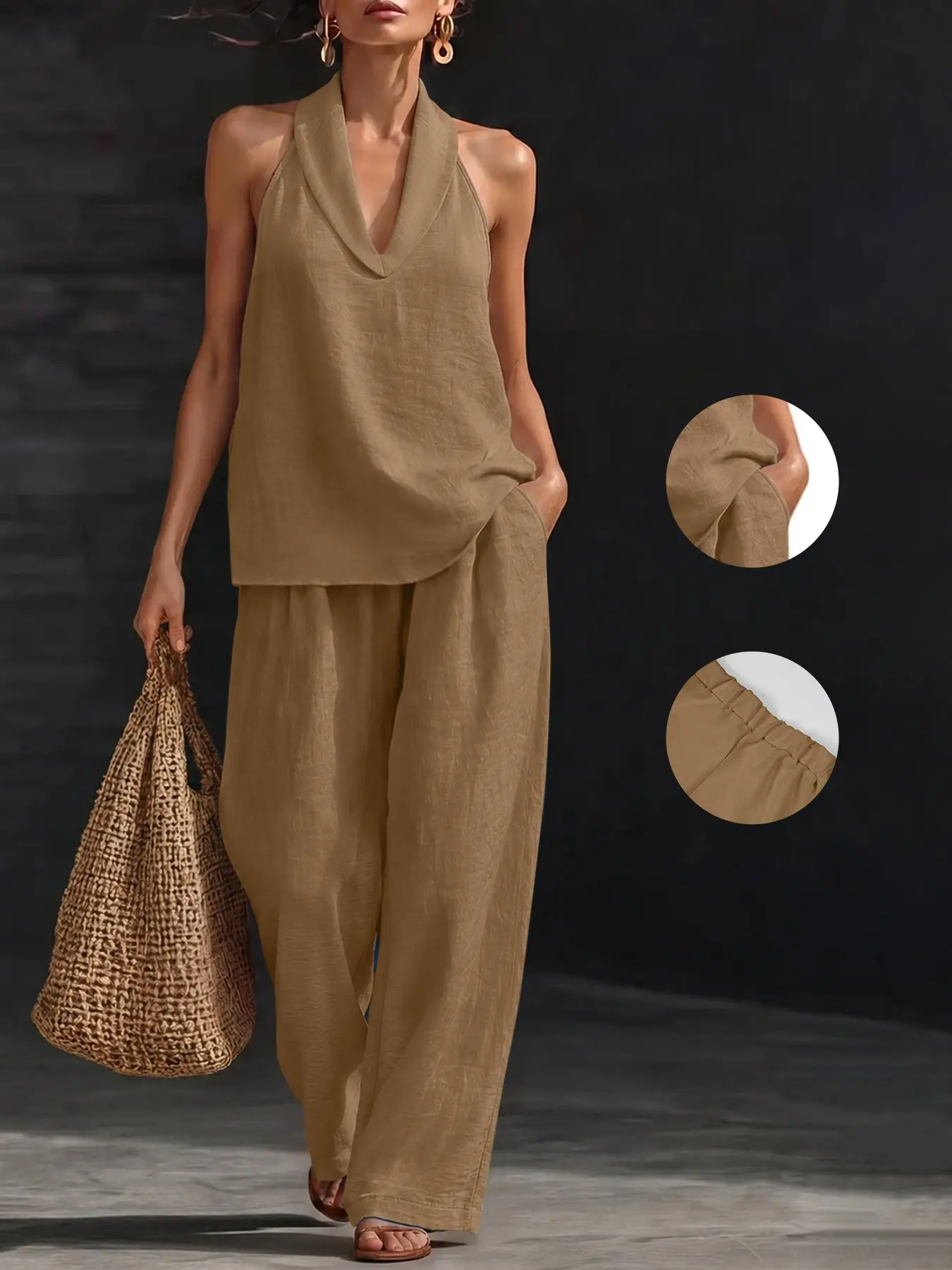 Women's Halter V-Neck & Flowy High Waist Trousers Everyday Lounge Set - Trendy Travel & Home Outfit, Chic Urban Casual Ensemble, Loungewear, Womenswear