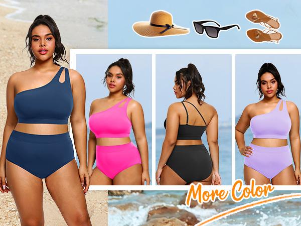 Tempt Me Womens Plus Size High Waisted Bikini Two Piece One Shoulder Swimsuit Keyhole Bathing Suits