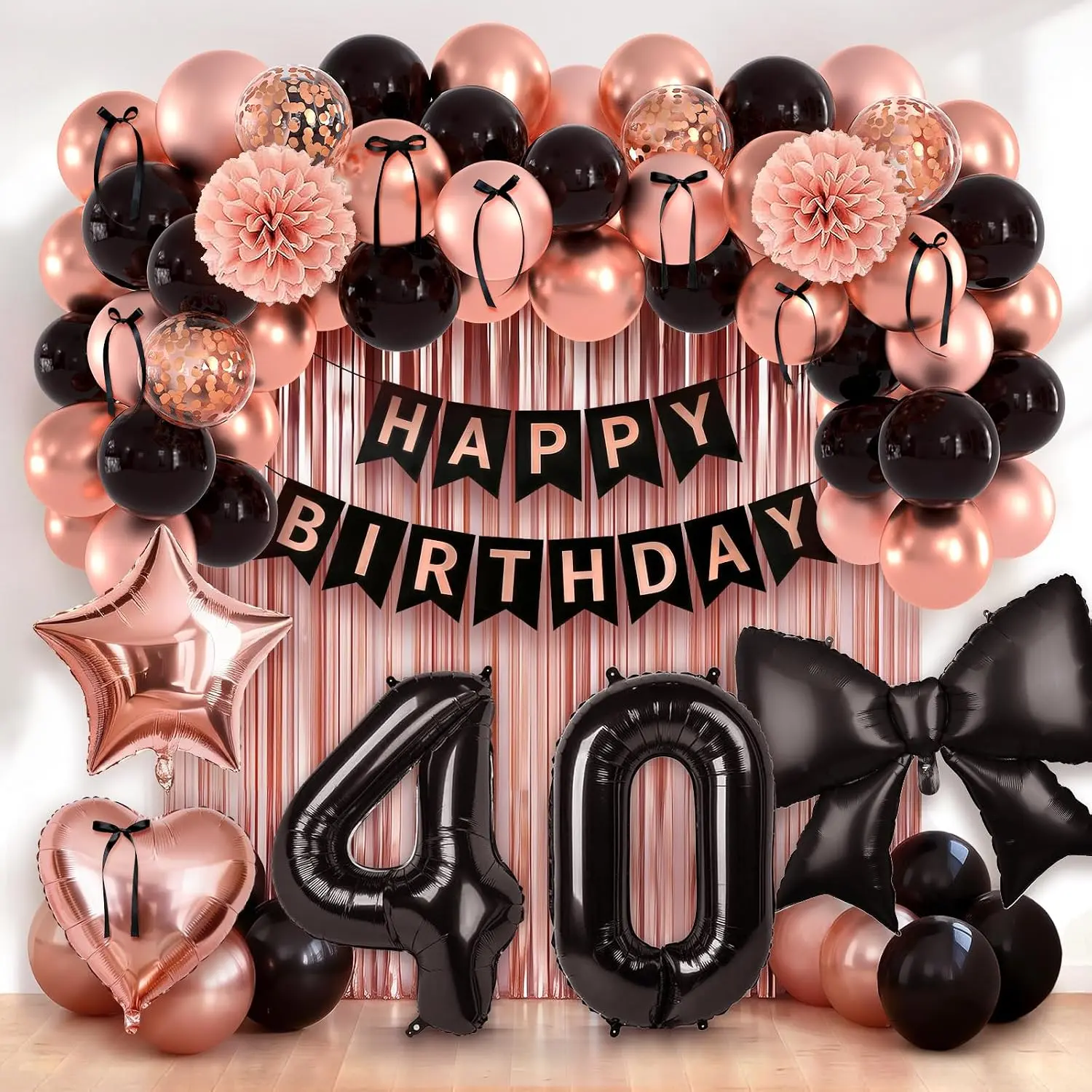 Women Rose Gold Black Coquette 40th Birthday Decor Kit |   40 Foil Balloon, Fringe Curtain, Balloon Arch Party Decorations