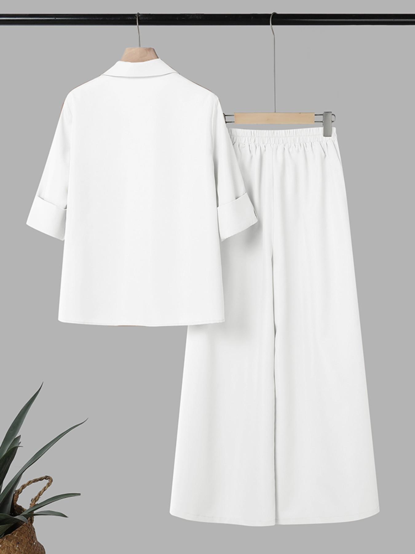 Women's Casual Solid Color Set, Long Sleeve Shirt Collar Half Button Blouse, Bell Bottom Pants Design, Daily Commute