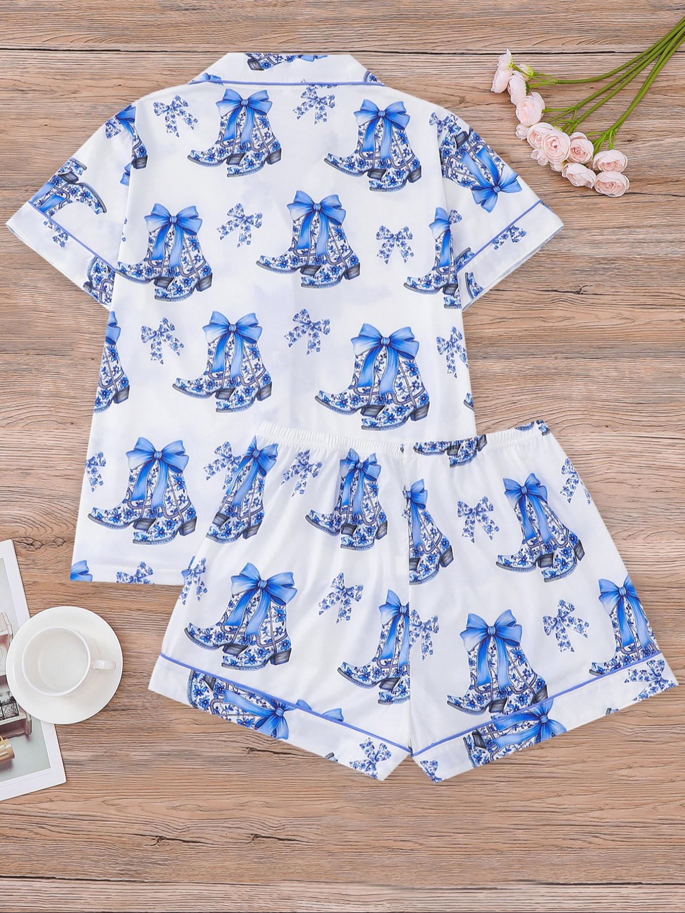 Women's All Over Print Button Front Shirt & Elastic Waist Shorts Pyjama Two-piece Set, Casual Comfy Short Sleeve Top & Shorts PJ Set, Ladies Sleepwear for All Seasons, Cute Pajama Sets