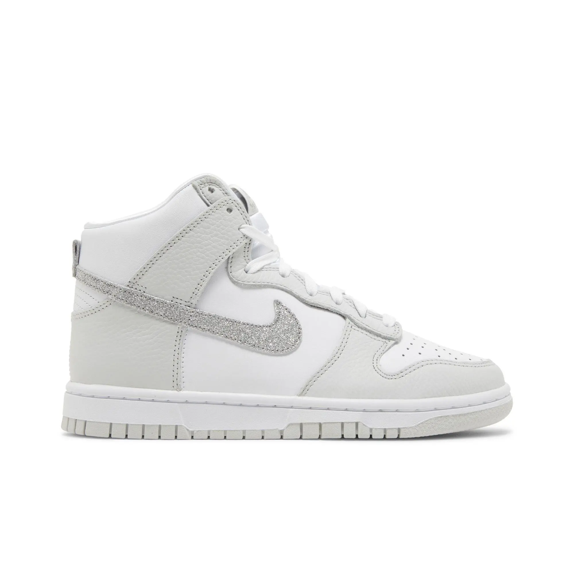 Nike Women's High Top Dunk 'Silver Glitter Swoosh' Female Skateboarding Sneakers, White/Photon Dust/Metallic Silver, Glitter Upper, Women's Sizes, FJ4578-100