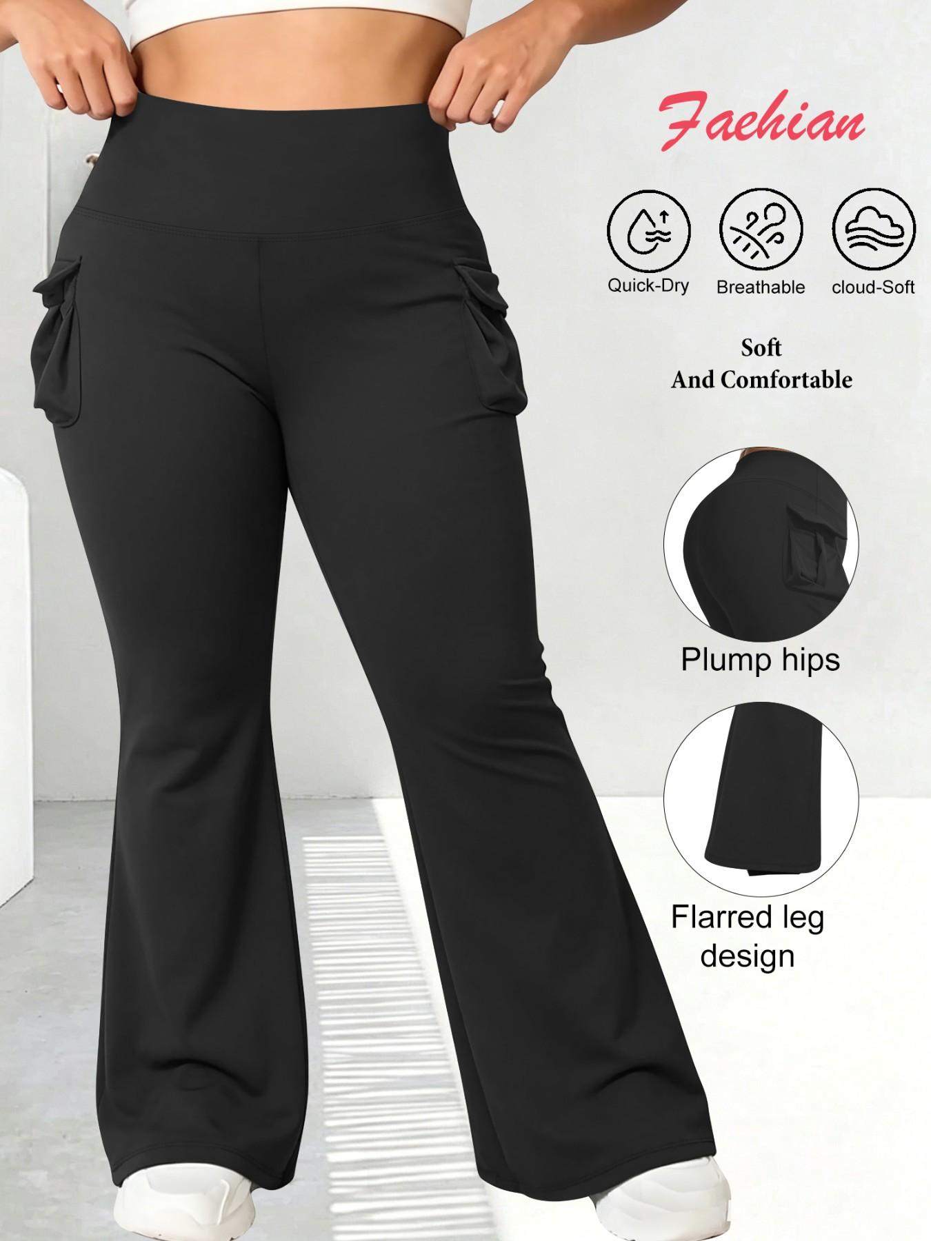 Plus Size High Waist Workwear Pocket Flare Pants, Tummy Control Butt Lift Yoga Pants, Side Pocket Sporty Flare Long Pants, High Elasticity, Active Leggings, Flare Legging