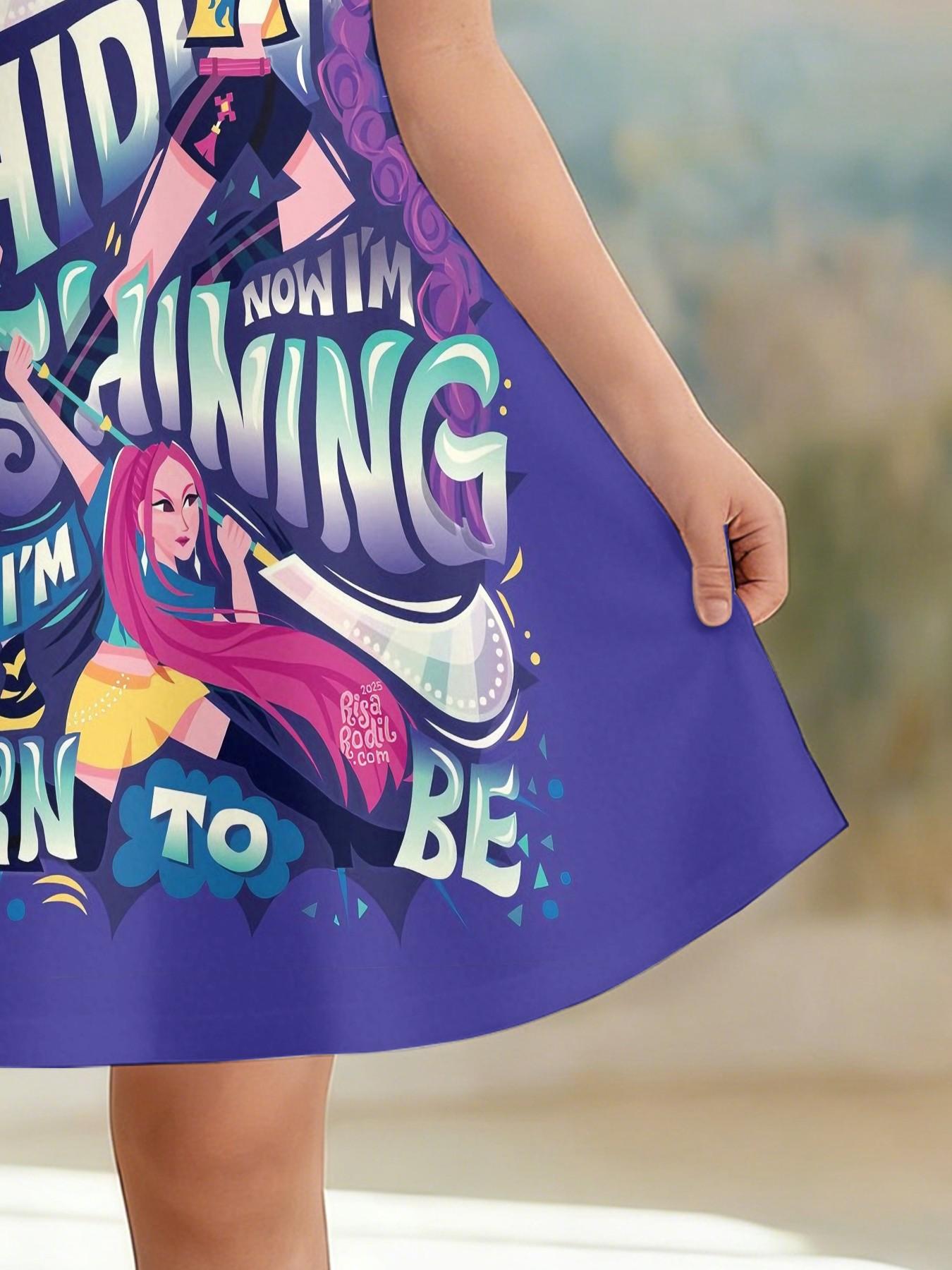 Trendy Girls' Witchcraft Girl Group Born to Be Printed A-Line Dress, Inspirational Short Sleeve Dress, Fashion Outdoor Wear, Birthday Gift, Festival Gift