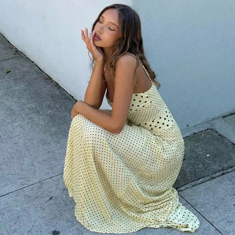 Women's Polka Dot Print Tie-neck Halter Dress, Bust Twisted Ruched Sleeveless Backless A-line Slip Dress, Party Club Date Holiday Beach Vacation Daily Casual Sweet Cami Maxi Long Dresses For Ladies Summer Fashion Clothes Wear