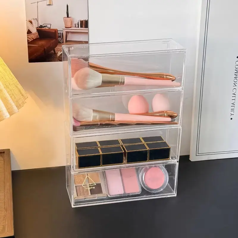 Transparent Four-Compartment Drawer Organizer, Stackable Multi-Layer Storage Box for Makeup Brushes, Office Supplies, Dormitory Use