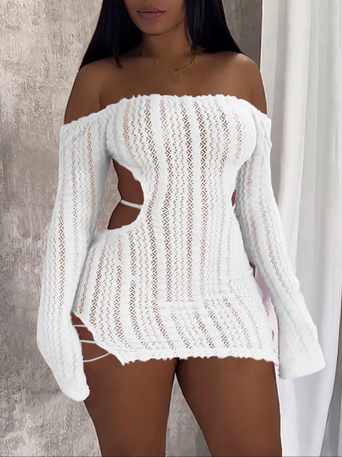 Women White Lace Mini Dress Off Shoulder Long Sleeve Sheer Crochet Knit Bodycon Cut Out Side Women White Lace Mini Dress Off Shoulder Long Sleeve Sheer Crochet Knit Bodycon Cut Out Side
