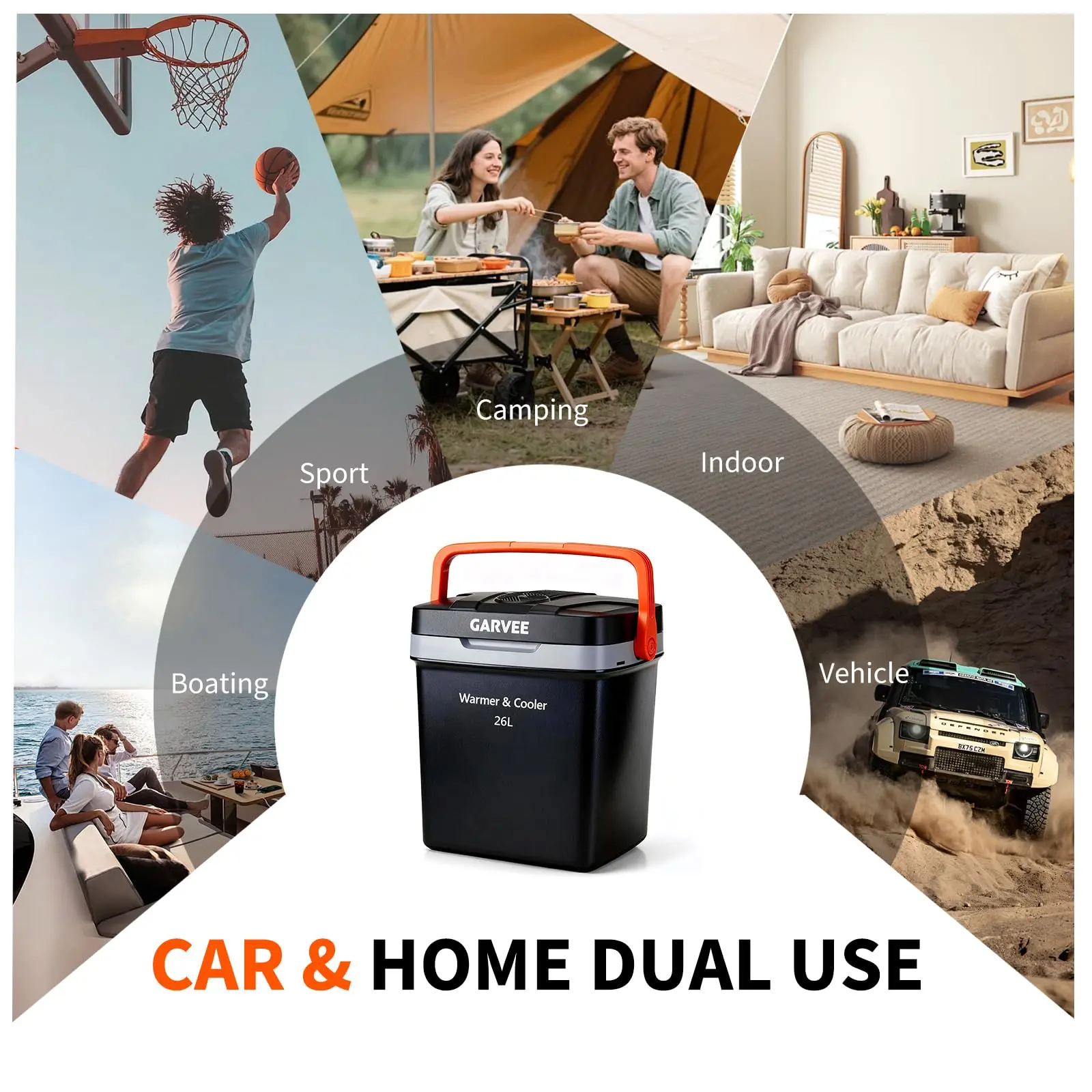 26L Portable Electric Car Cooler and Warmer, 12V DC for Cars & Trucks, Includes 110V AC Home Power Adapter, Plug-In Mini Refrigerator with Auto-Lock Handle, Black & Orange