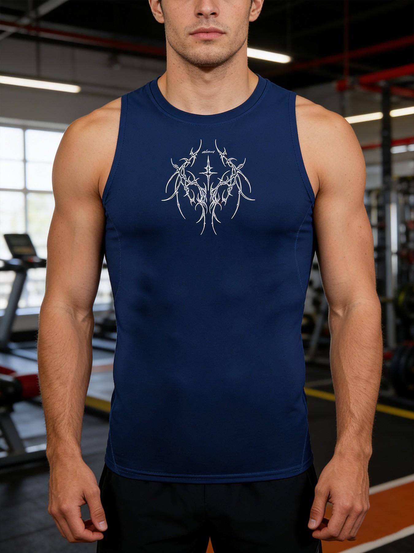 Y2K Aesthetic Compression Tank Top Men Summer Athletic Quick Dry Sleeveless Gym Workout Vest Gothic Tribal Star Cross and Thorn Graphic Print Sport Muscle Tee